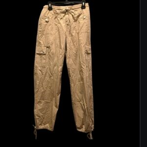 NWT Vintage Y2K Pants M DKNY Active Tan Cargo Athletic Gear Pockets Tie Waist